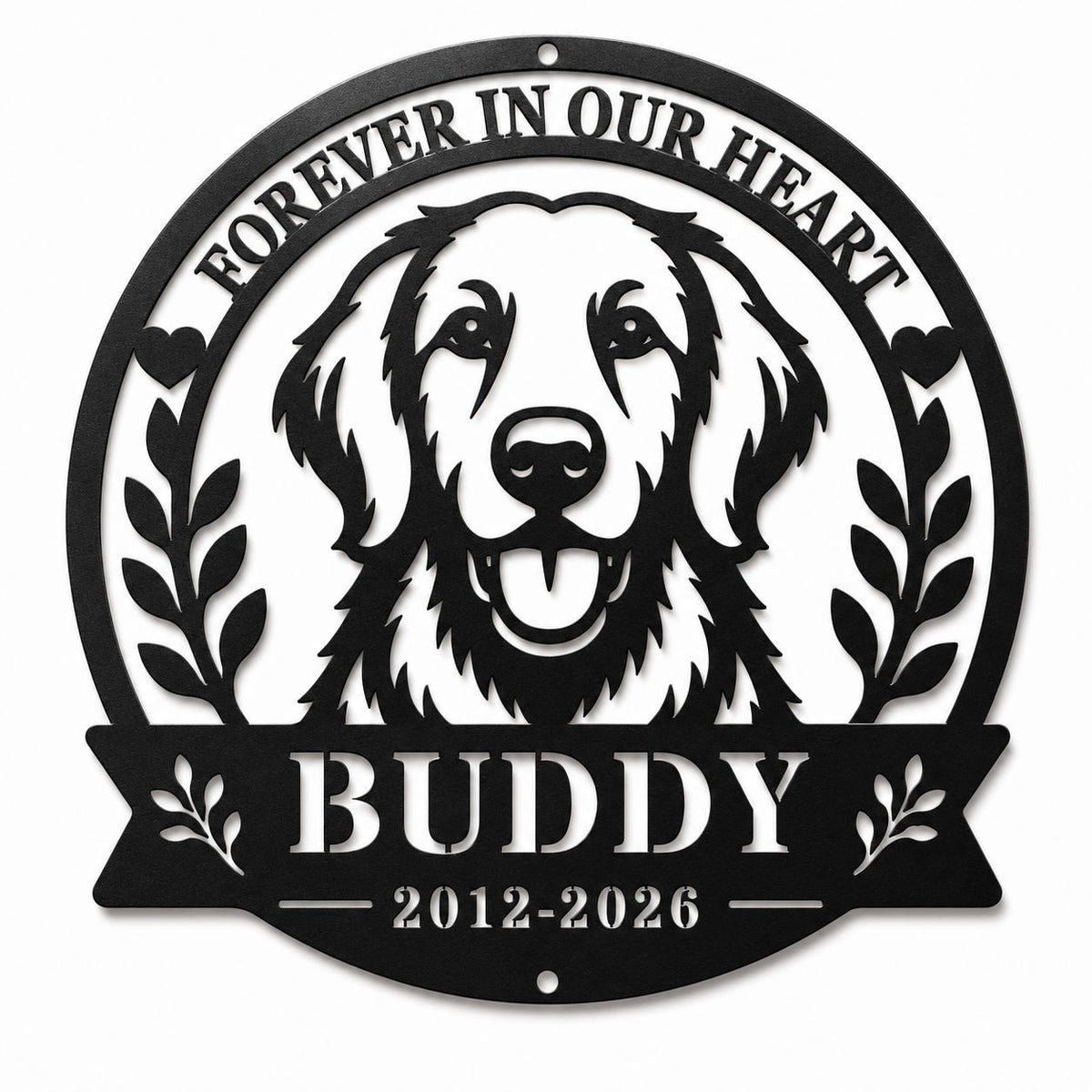 Personalized Golden Retriever memorial metal sign with custom pet name and years on a white background