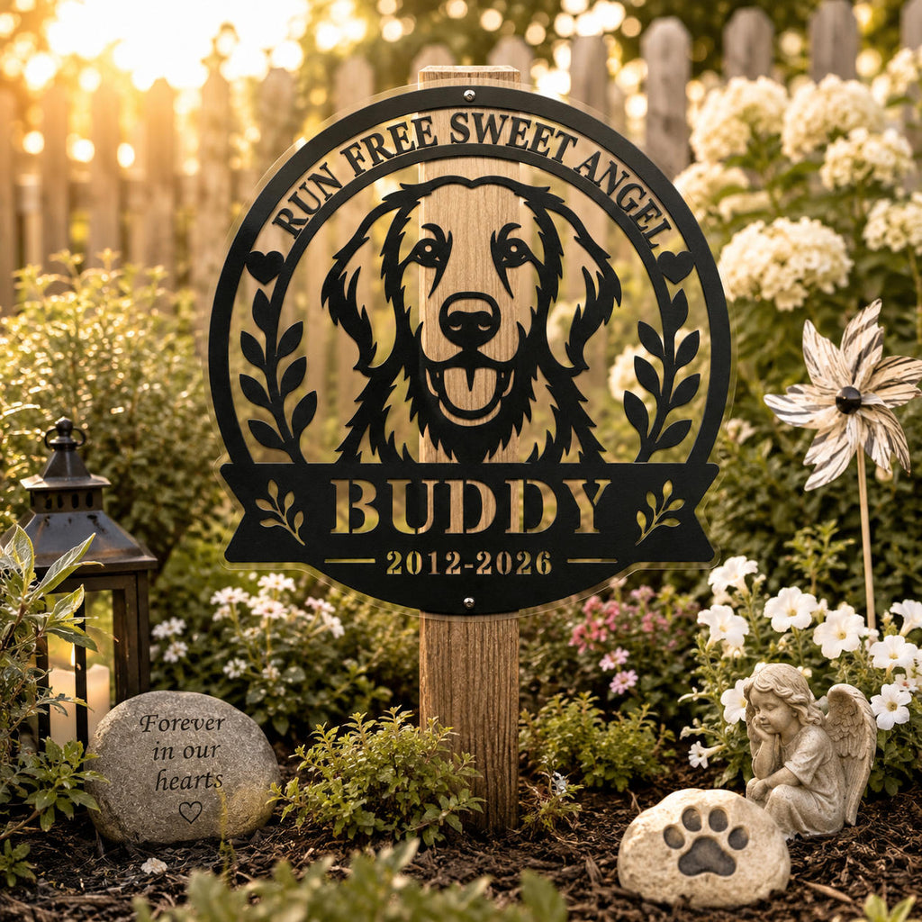 Personalized Golden Retriever memorial metal sign displayed in a backyard pet memorial garden with flowers and warm sunset lighting