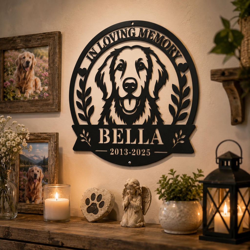 Custom Golden Retriever memorial metal wall sign displayed on a rustic indoor remembrance wall