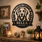 Custom Golden Retriever memorial metal wall sign displayed on a rustic indoor remembrance wall