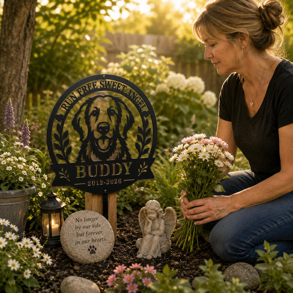 Dog owner placing flowers beside a personalized pet memorial metal sign in a remembrance garden