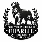 Personalized dog memorial metal sign with custom name and dates displayed on a clean white background.