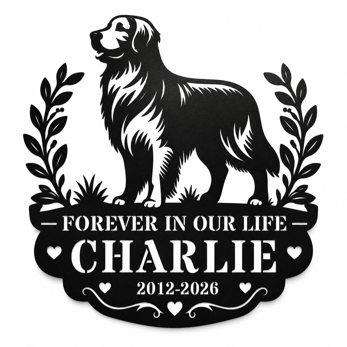 Personalized dog memorial metal sign with custom name and dates displayed on a clean white background.