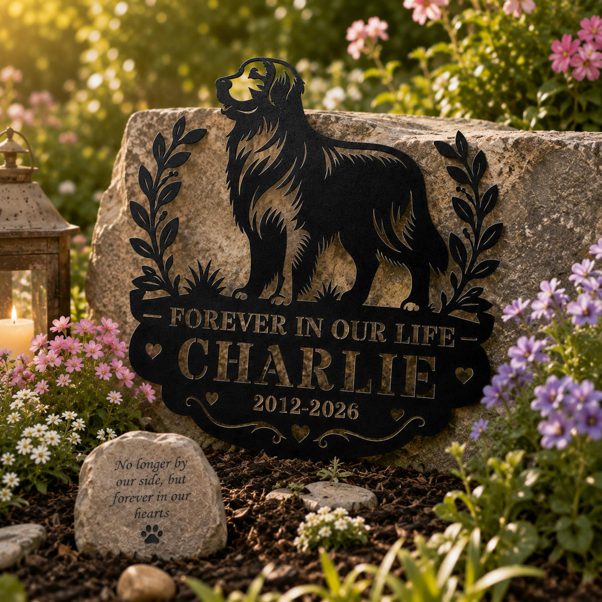 Personalized dog memorial metal sign displayed in a peaceful garden remembrance area with flowers and natural landscaping.