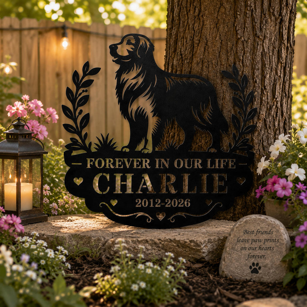 Personalized dog memorial metal sign displayed in a peaceful garden remembrance area with flowers and natural landscaping.