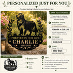 Customization guide showing dog breed, pet name, memorial quote, and years for a personalized memorial metal sign.