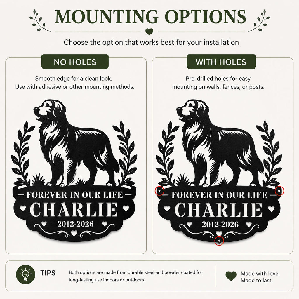 Comparison chart showing different mounting hole options for a personalized pet memorial metal sign.