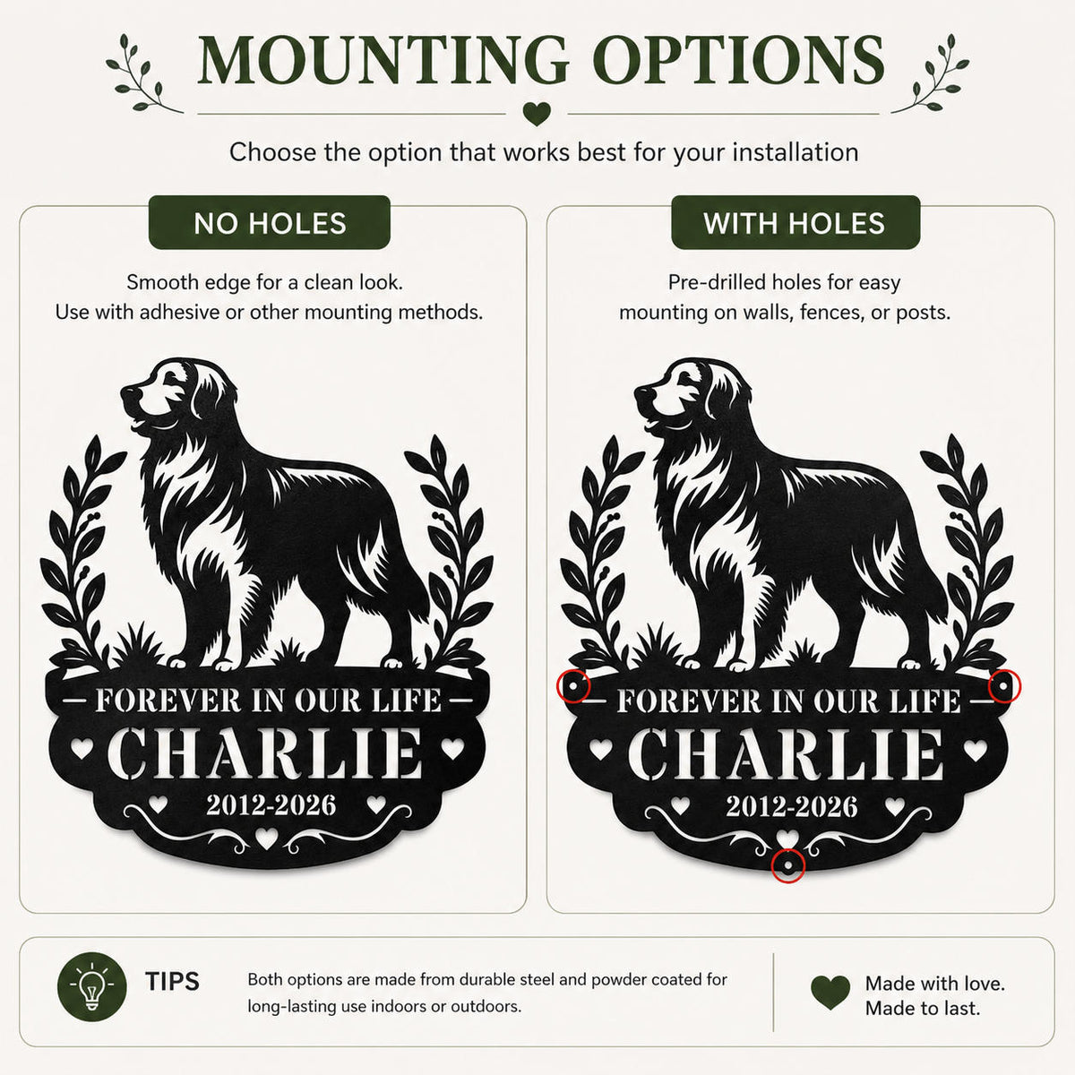 Comparison chart showing different mounting hole options for a personalized pet memorial metal sign.