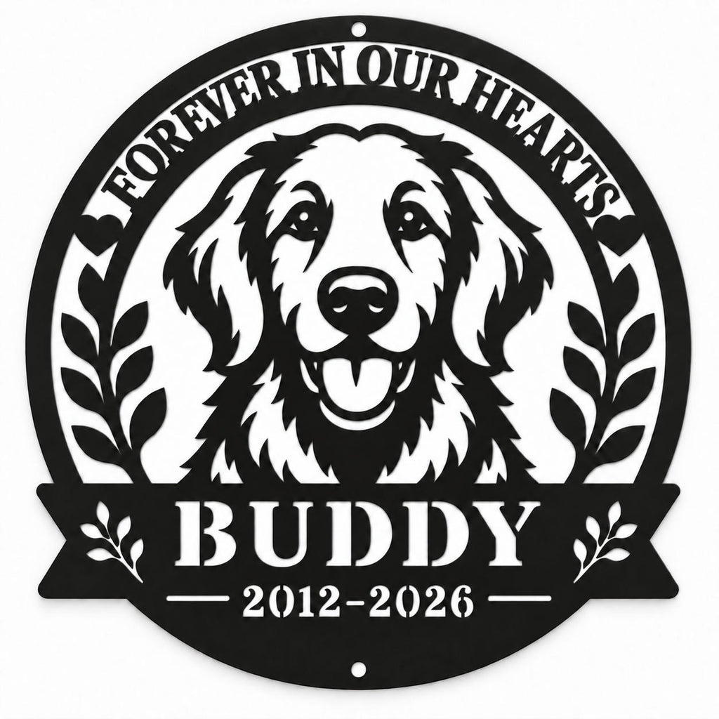 Black metal golden retriever memorial sign personalized with Buddy and 2012–2026, featuring “Forever in Our Hearts” on a white background.