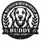 Black metal golden retriever memorial sign personalized with Buddy and 2012–2026, featuring “Forever in Our Hearts” on a white background.