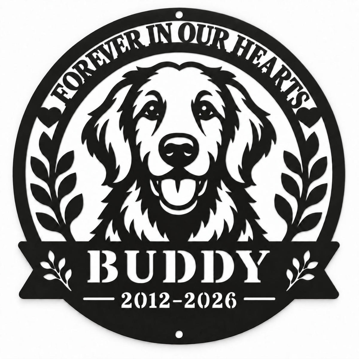 Black metal golden retriever memorial sign personalized with Buddy and 2012–2026, featuring “Forever in Our Hearts” on a white background.