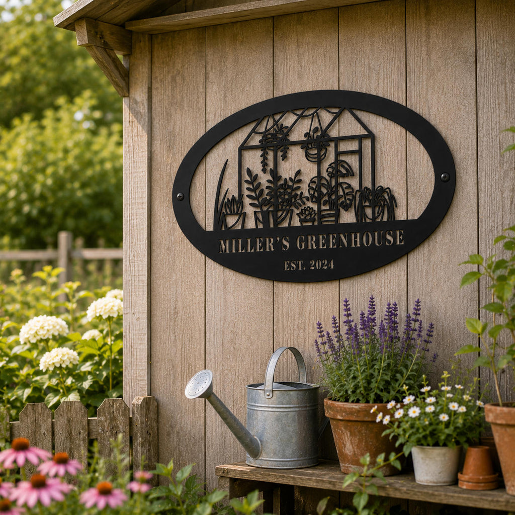 Custom black metal greenhouse sign displayed on a rustic garden shed wall with flowers, plants, and a watering can.