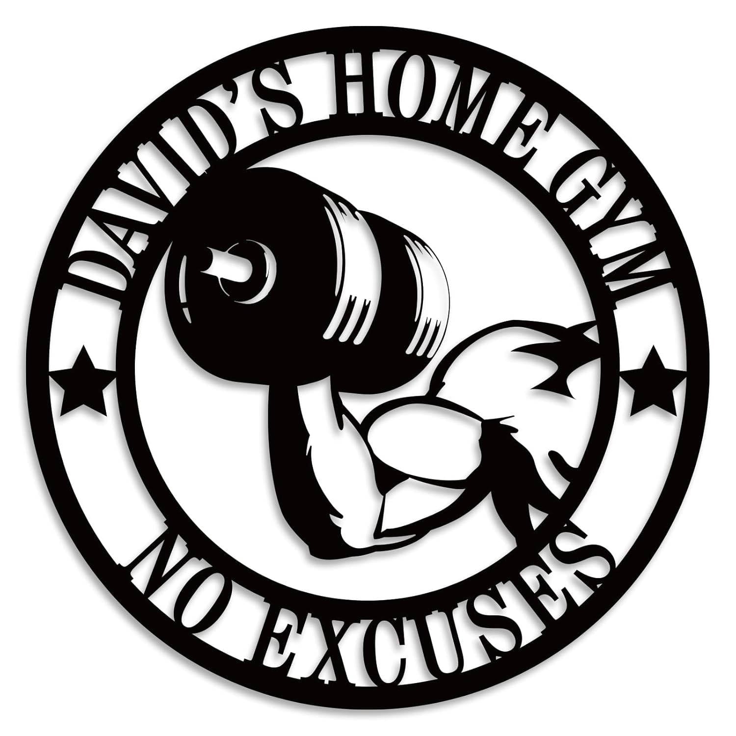 Custom round metal gym sign with dumbbell arm design and personalized text, laser cut steel wall decor for home gym Main image