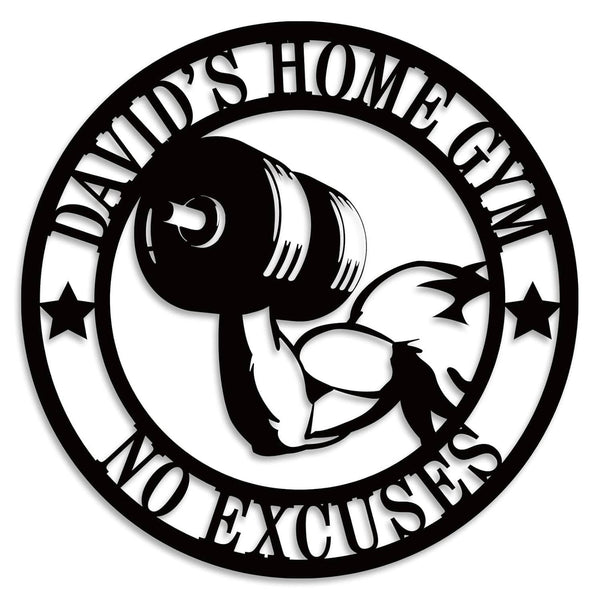 Custom round metal gym sign with dumbbell arm design and personalized text, laser cut steel wall decor for home gym