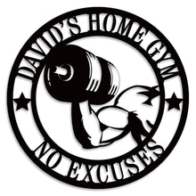 Custom round metal gym sign with dumbbell arm design and personalized text, laser cut steel wall decor for home gym