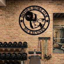 Custom round metal gym sign with dumbbell arm design and personalized text, laser cut steel wall decor for home gym
