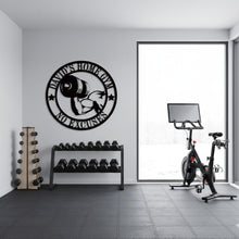 Custom round metal gym sign with dumbbell arm design and personalized text, laser cut steel wall decor for home gym