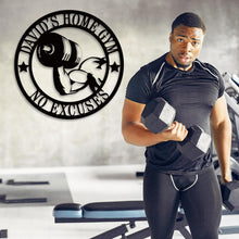 Custom round metal gym sign with dumbbell arm design and personalized text, laser cut steel wall decor for home gym