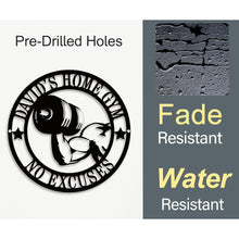 Custom round metal gym sign with dumbbell arm design and personalized text, laser cut steel wall decor for home gym