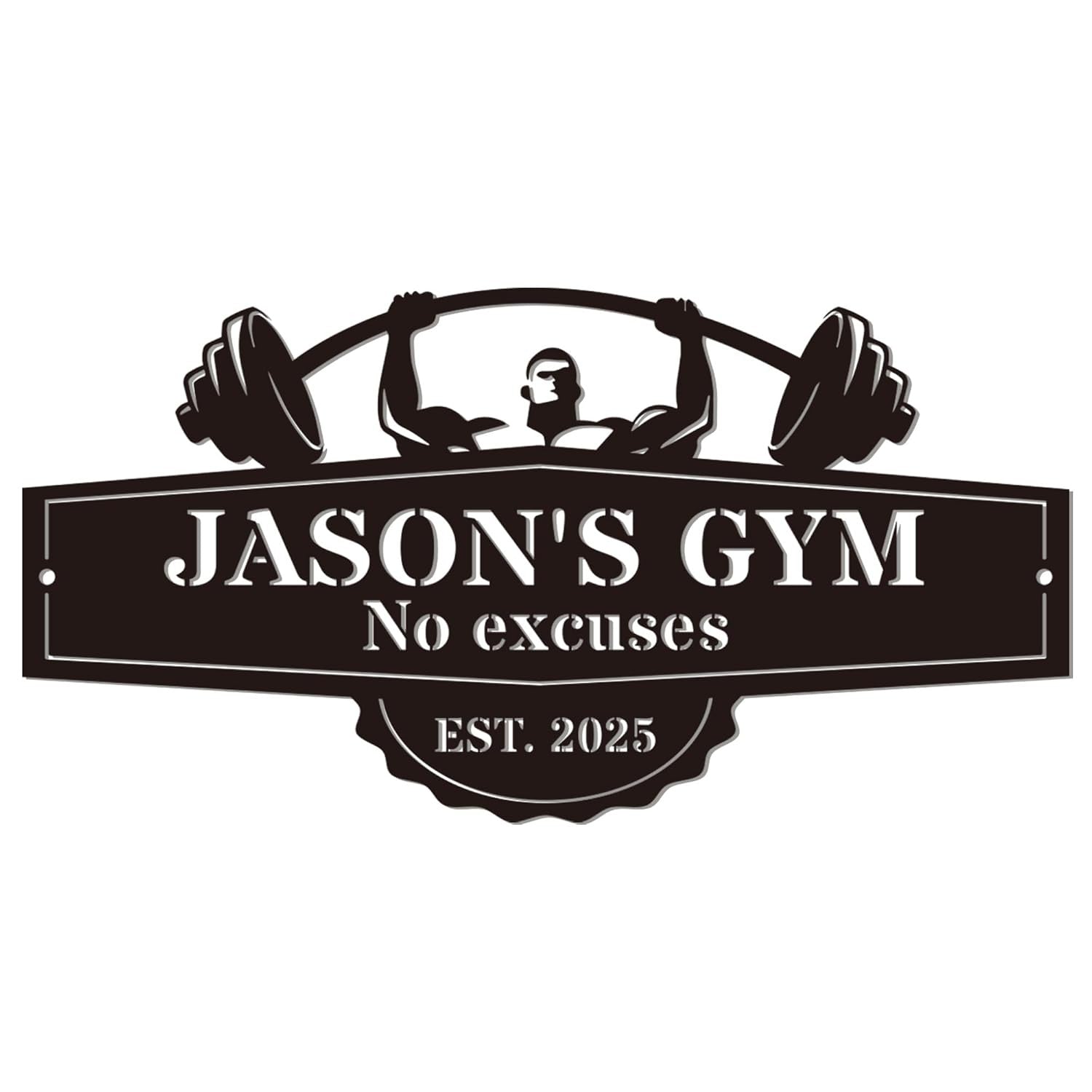 Custom metal gym sign with barbell lifter design and personalized name, laser cut steel wall decor for home gym or garage Main image
