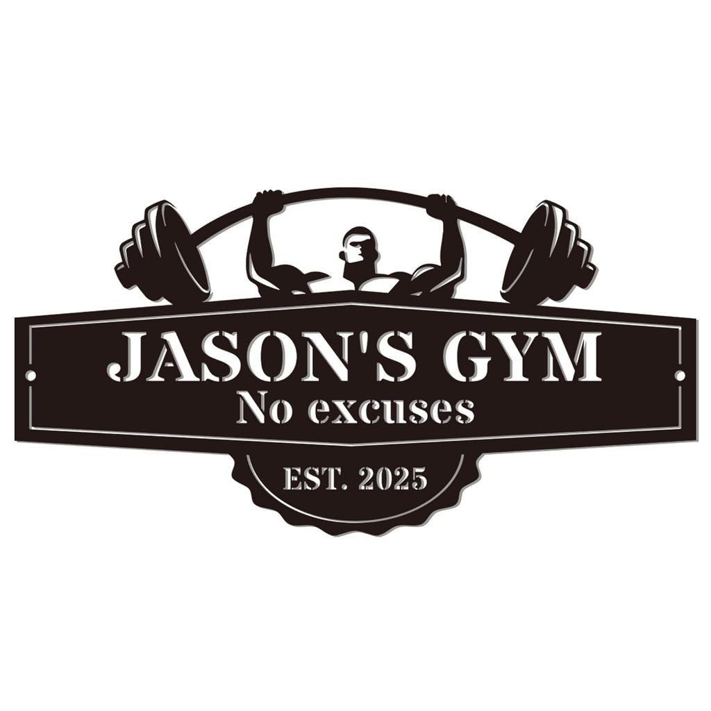 Custom metal gym sign with barbell lifter design and personalized name, laser cut steel wall decor for home gym or garage
