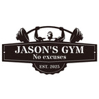 Custom metal gym sign with barbell lifter design and personalized name, laser cut steel wall decor for home gym or garage