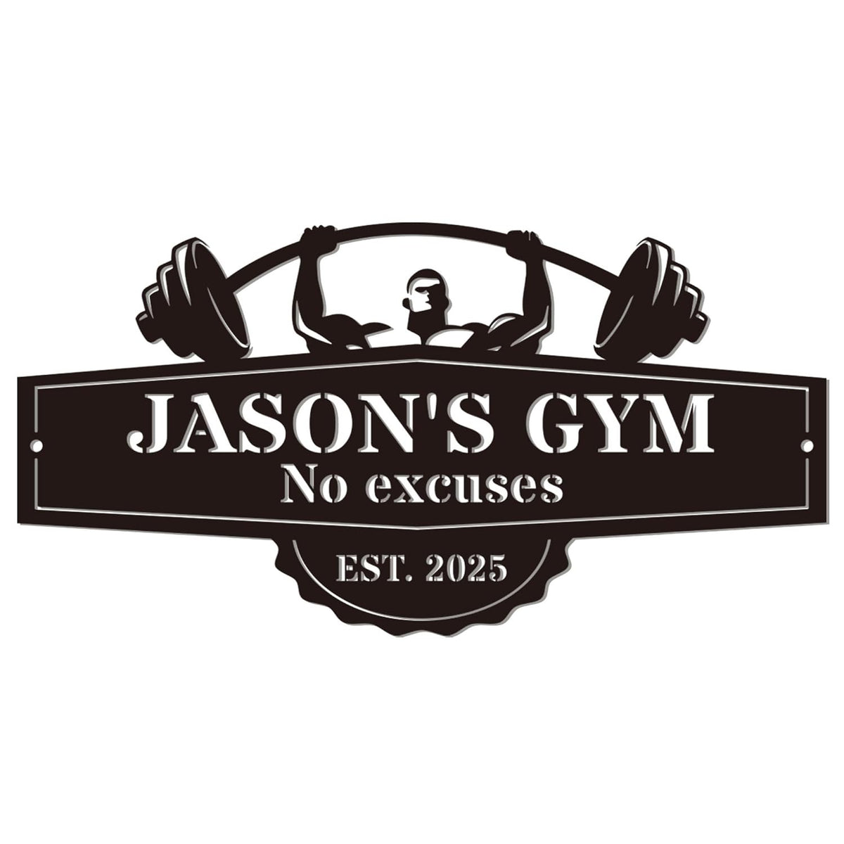 Custom metal gym sign with barbell lifter design and personalized name, laser cut steel wall decor for home gym or garage