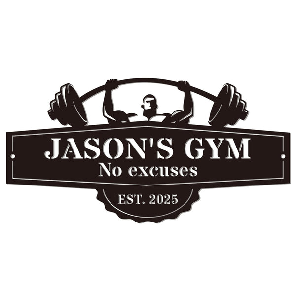 Custom metal gym sign with barbell lifter design and personalized name, laser cut steel wall decor for home gym or garage