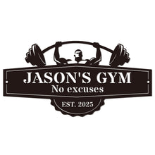 Custom metal gym sign with barbell lifter design and personalized name, laser cut steel wall decor for home gym or garage