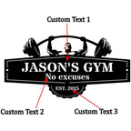 Custom metal gym sign with barbell lifter design and personalized name, laser cut steel wall decor for home gym or garage