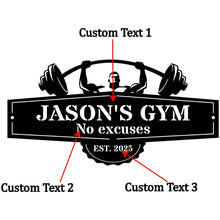 Custom metal gym sign with barbell lifter design and personalized name, laser cut steel wall decor for home gym or garage