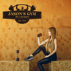 Custom metal gym sign with barbell lifter design and personalized name, laser cut steel wall decor for home gym or garage
