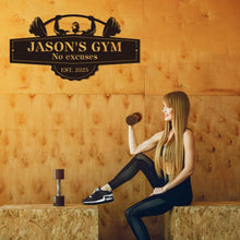 Custom metal gym sign with barbell lifter design and personalized name, laser cut steel wall decor for home gym or garage