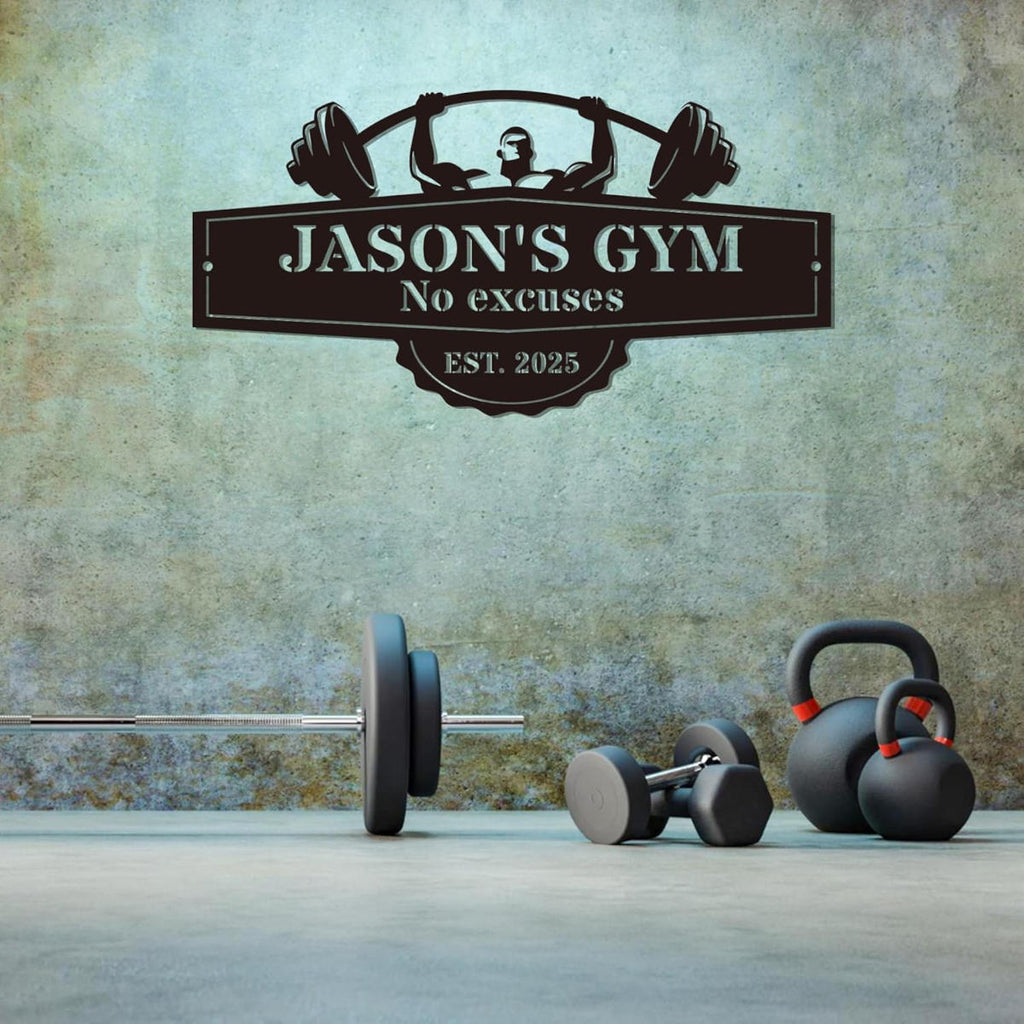 Custom metal gym sign with barbell lifter design and personalized name, laser cut steel wall decor for home gym or garage
