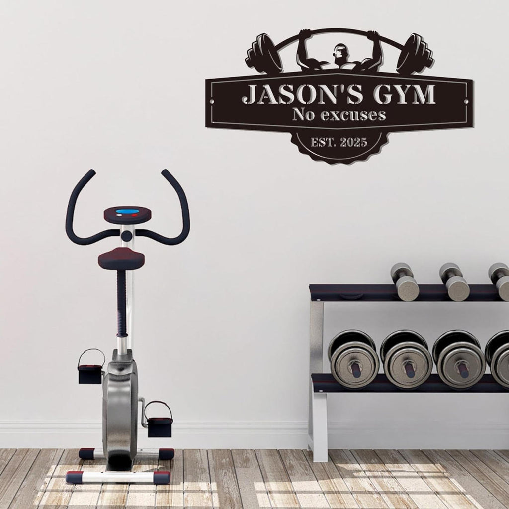 Custom metal gym sign with barbell lifter design and personalized name, laser cut steel wall decor for home gym or garage