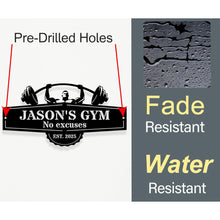 Custom metal gym sign with barbell lifter design and personalized name, laser cut steel wall decor for home gym or garage