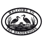 Custom heron metal sign with personalized text, laser-cut steel wall décor for cottage, lake house, or cabin, powder-coated for outdoor durability.
