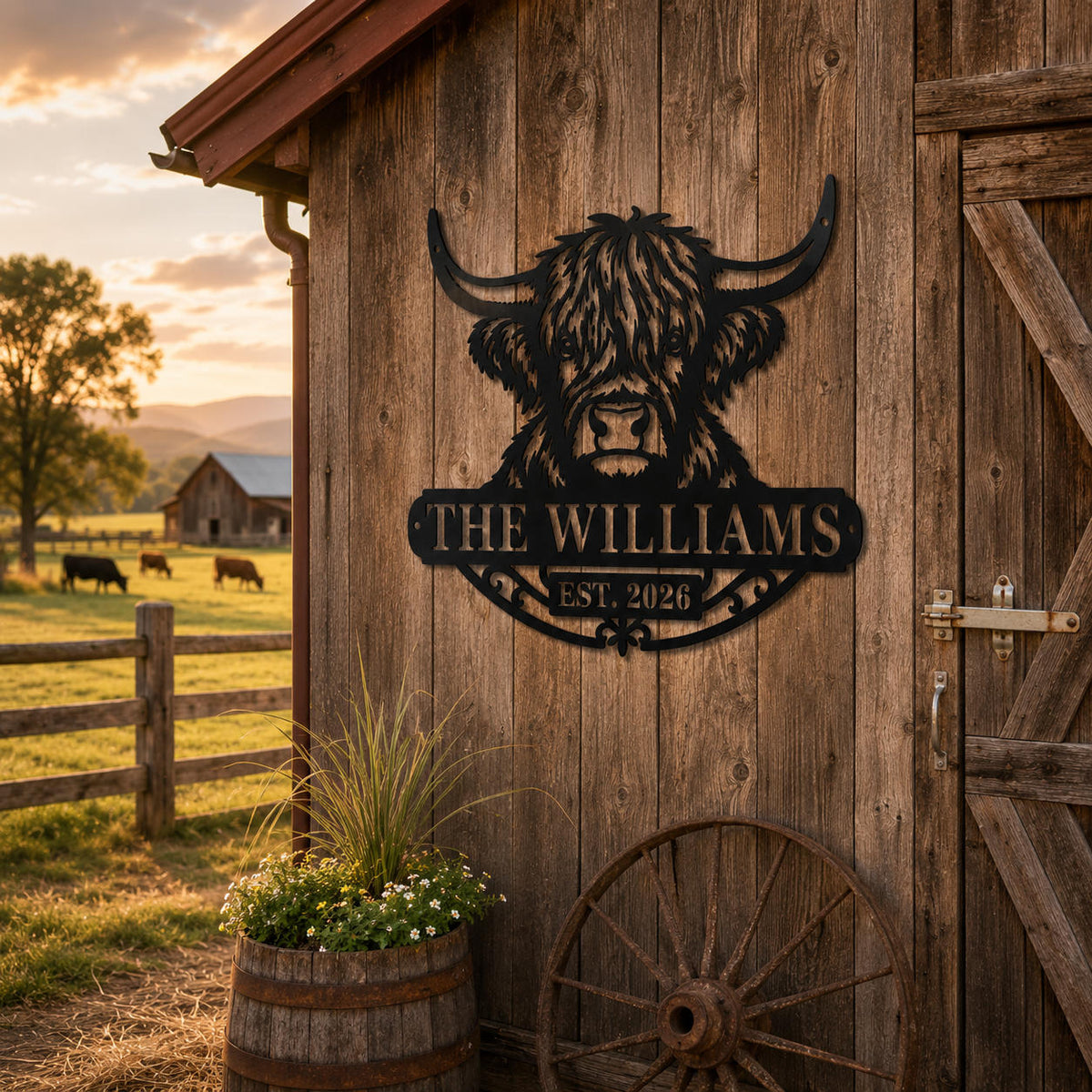 Custom Highland cow metal family sign displayed on a rustic barn in a ranch setting.