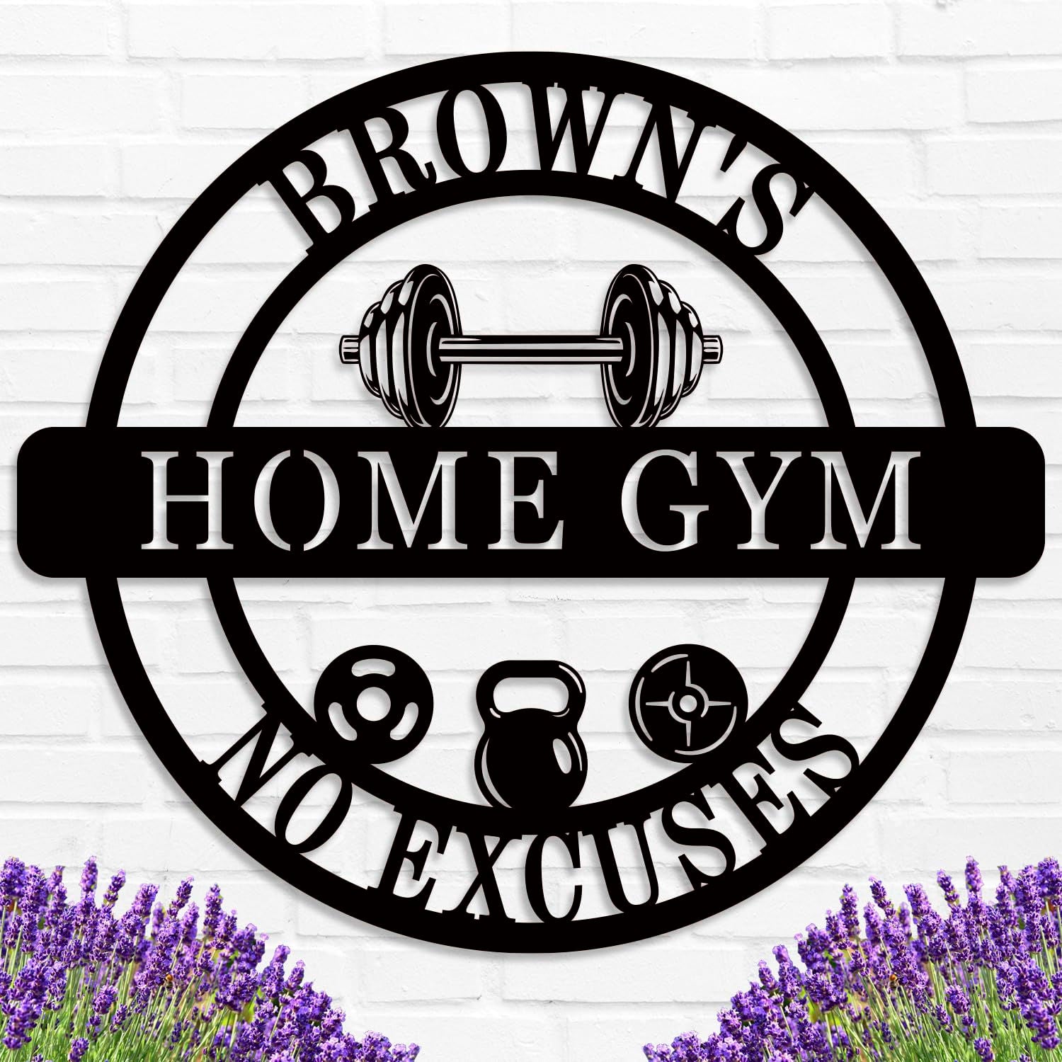 Custom Home Gym Metal Sign with personalized text, dumbbell design, and motivational symbols, laser-cut from premium steel with powder coat finish. Main image