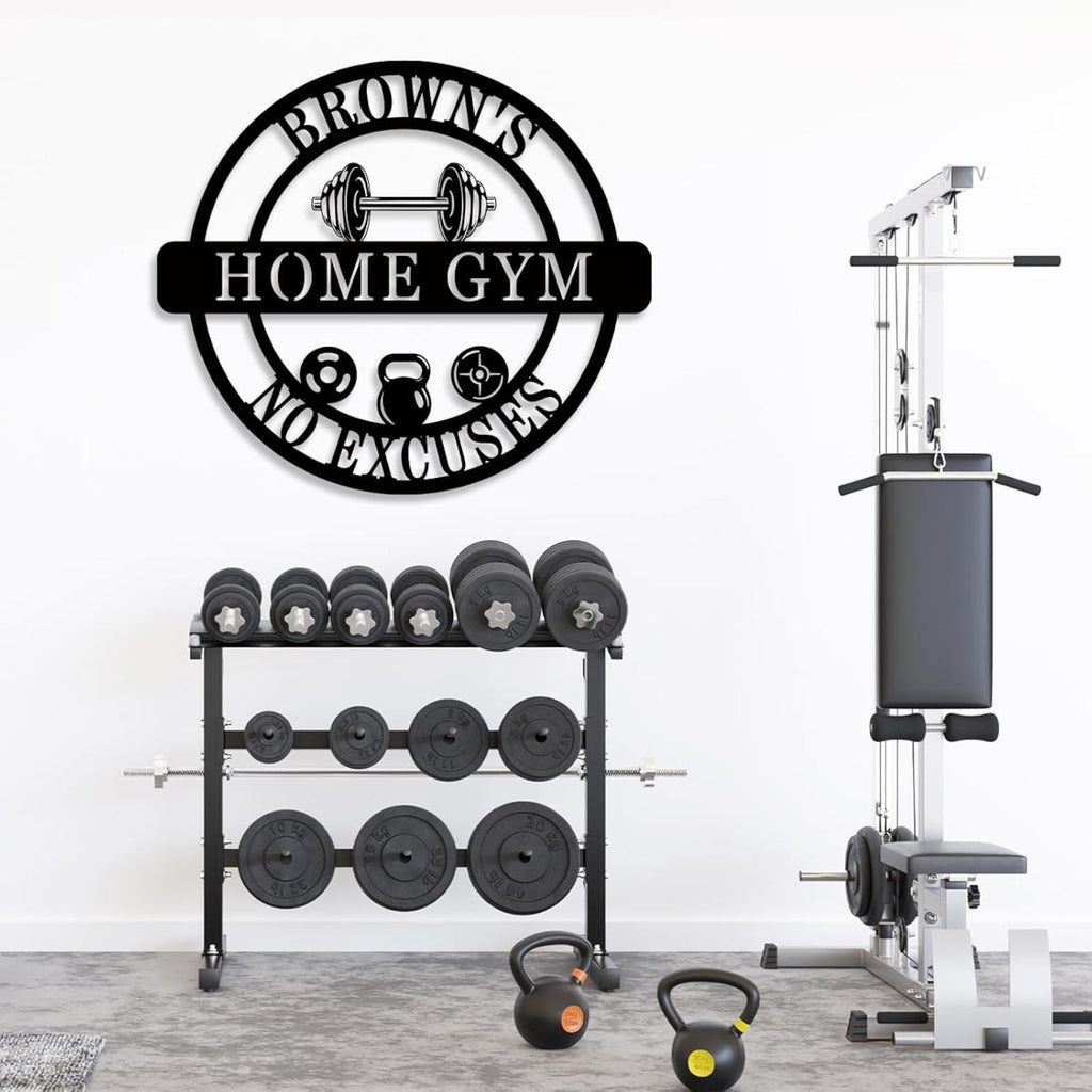 Custom Home Gym Metal Sign with personalized text, dumbbell design, and motivational symbols, laser-cut from premium steel with powder coat finish.
