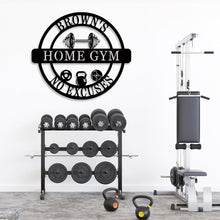 Custom Home Gym Metal Sign with personalized text, dumbbell design, and motivational symbols, laser-cut from premium steel with powder coat finish.
