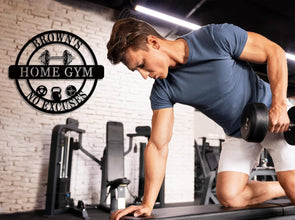 Custom Home Gym Metal Sign with personalized text, dumbbell design, and motivational symbols, laser-cut from premium steel with powder coat finish.
