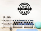 Custom Home Gym Metal Sign with personalized text, dumbbell design, and motivational symbols, laser-cut from premium steel with powder coat finish.