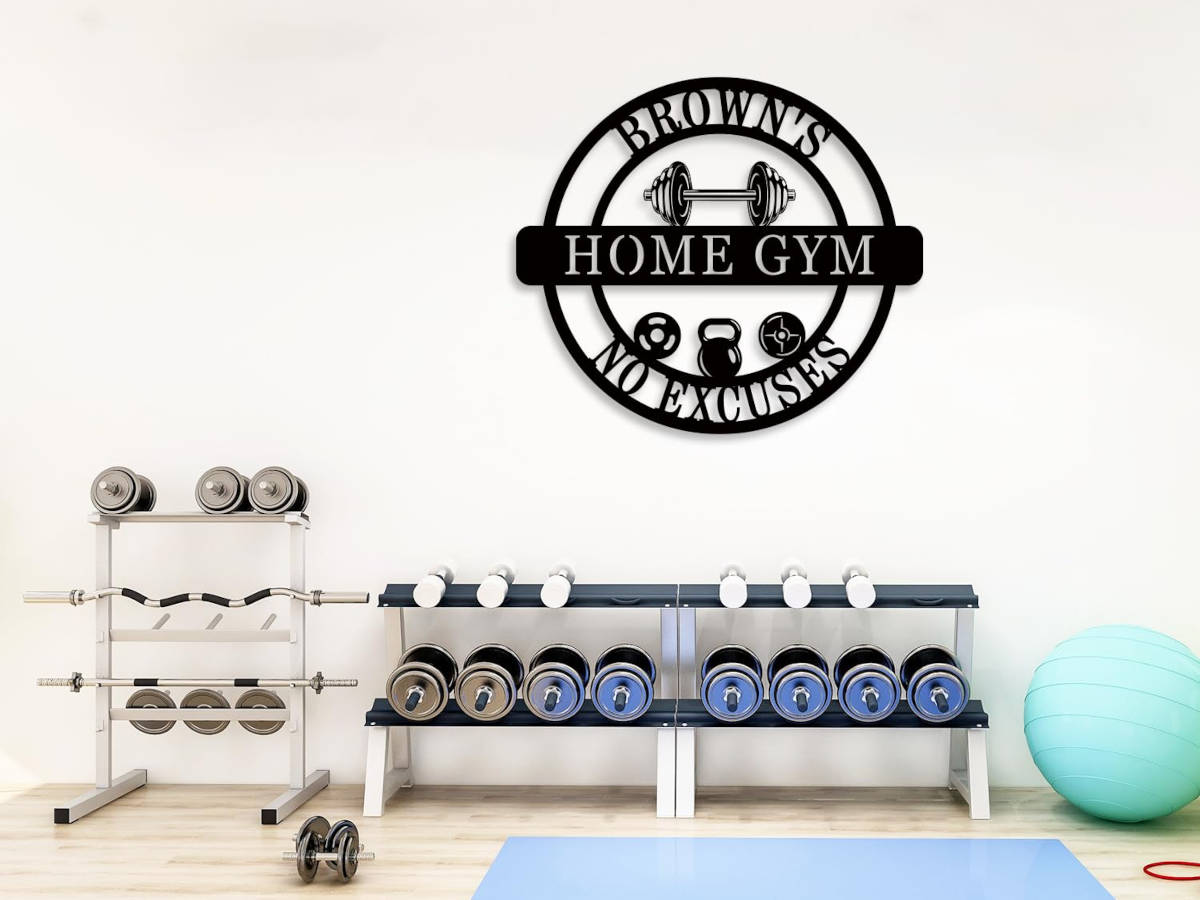 Custom Home Gym Metal Sign with personalized text, dumbbell design, and motivational symbols, laser-cut from premium steel with powder coat finish.