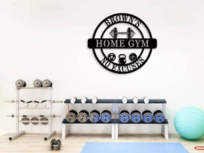 Custom Home Gym Metal Sign with personalized text, dumbbell design, and motivational symbols, laser-cut from premium steel with powder coat finish.