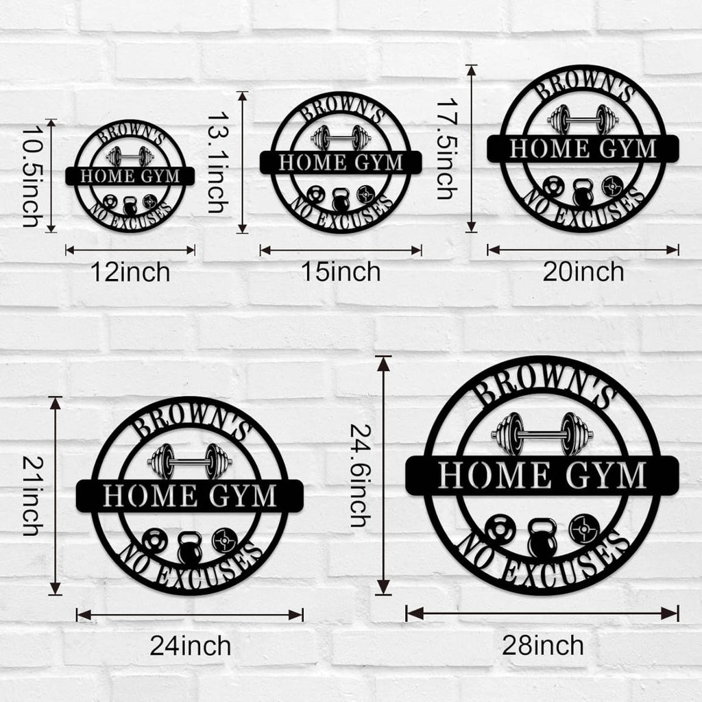 Custom Home Gym Metal Sign with personalized text, dumbbell design, and motivational symbols, laser-cut from premium steel with powder coat finish.