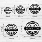 Custom Home Gym Metal Sign with personalized text, dumbbell design, and motivational symbols, laser-cut from premium steel with powder coat finish.