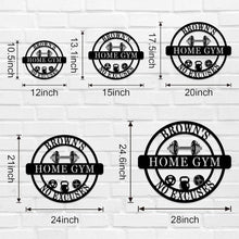 Custom Home Gym Metal Sign with personalized text, dumbbell design, and motivational symbols, laser-cut from premium steel with powder coat finish.