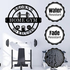 Custom Home Gym Metal Sign with personalized text, dumbbell design, and motivational symbols, laser-cut from premium steel with powder coat finish.