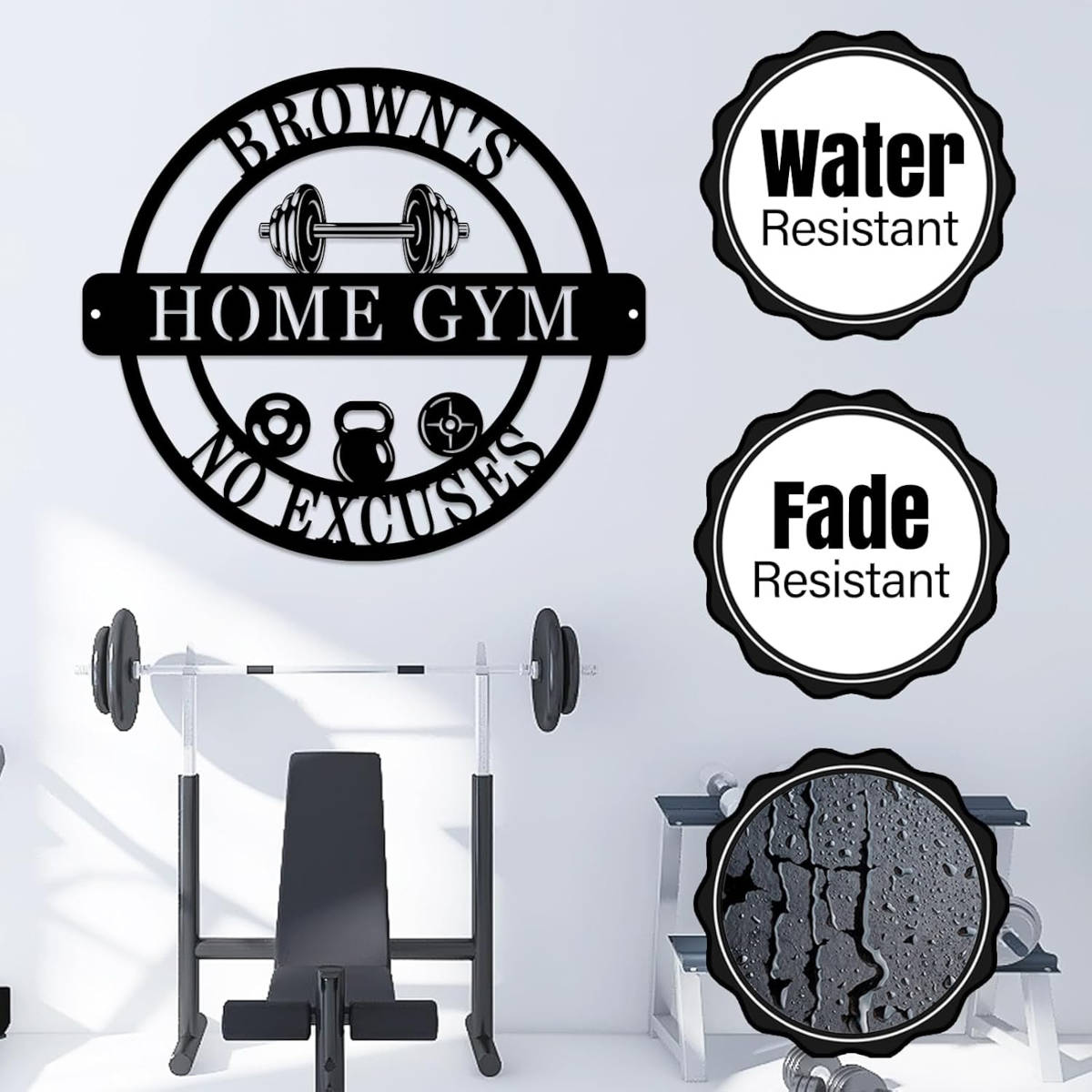 Custom Home Gym Metal Sign with personalized text, dumbbell design, and motivational symbols, laser-cut from premium steel with powder coat finish.